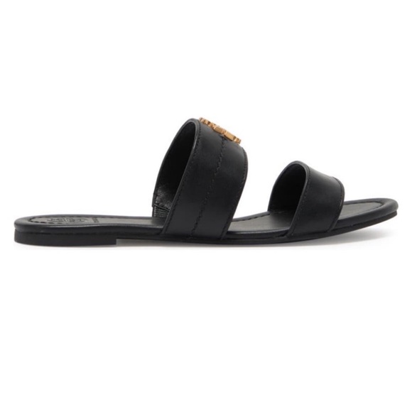 Tory Burch Black Leather Slides with Gold Emblem - Picture 4 of 5